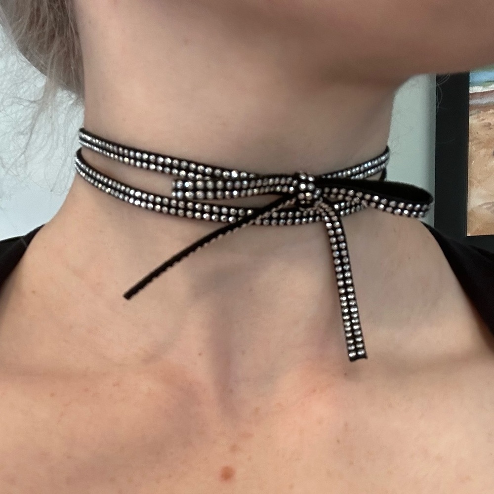 Black Fabric Rhinestone Sparkly Bow Choker Necklace